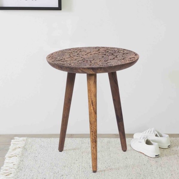 Wooden side table with Hand craved design/Planter Stand Wood Planter Holder with legs for floral inlay,Small Round Side Table