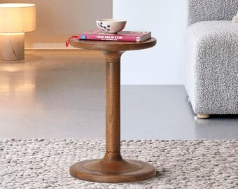 Solid Mango Wood Pedestal Side Table, Handcrafted Rustic Accent Furniture