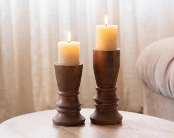 Set di portacandele in legno di mango realizzati a mano / Decorazioni rustiche da tavola in stile fattoria