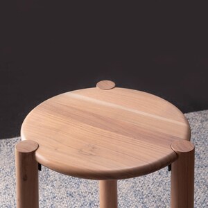 May include: A light-colored wooden stool with a round seat and three cylindrical legs. The seat is attached to the legs with small, round wooden pegs. The stool is made of natural wood and has a simple, modern design.