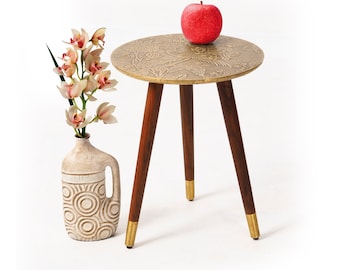 Handmade Embossed Brass Top Side Table: Boho Luxe Accent Table