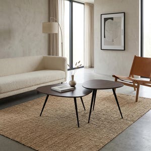 Puede incluir: Un salón moderno con un sofá color crema, dos mesas de centro marrones oscuras en forma de riñón con patas negras y una alfombra de yute tejida. Una silla de cuero y una obra de arte abstracta enmarcada completan la decoración.