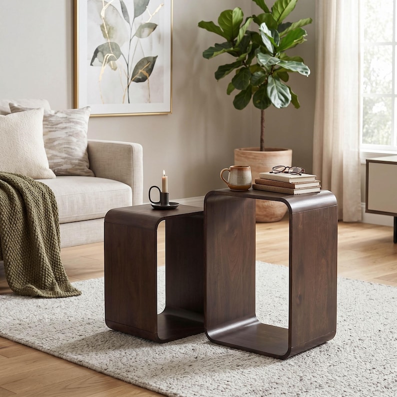 Op de afbeelding: Twee donkerbruine, gebogen bijzettafels. Op de ene tafel staat een kaars, op de andere een mok en boeken. De tafels staan op een lichtgrijs tapijt in een woonkamer. Een beige bank en een potplant staan op de achtergrond.