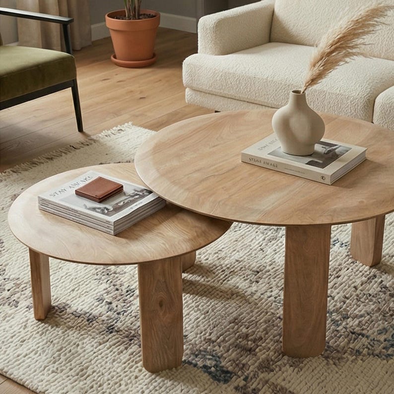 Modern Round Nesting Coffee Table Set – Solid Mango Wood, Minimalist ...
