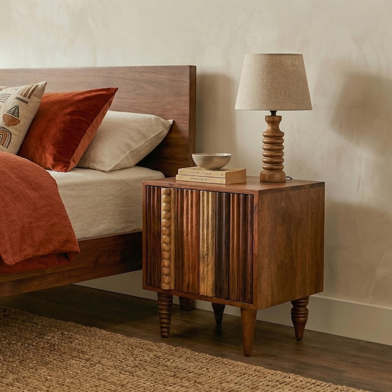 Handcrafted Bohemian Bedside Table – Solid Mango Wood Nightstand with Door