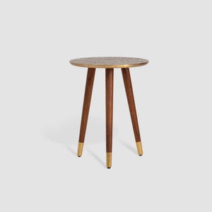 Brass Side Table – Modern Round Accent Table with Wood Legs, Mid-Century End Table for Living Room or Bedroom