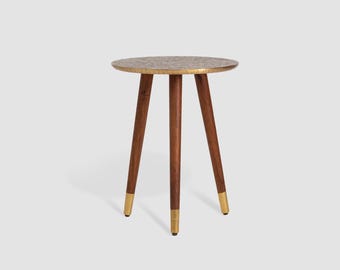 Brass Side Table: Mid-Century Modern Accent Table with Acacia Wood Legs