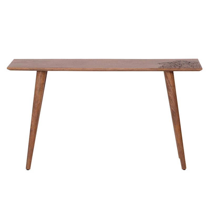 K&ouml;nnte beinhalten: Ein rechteckiger Holztisch mit nat&uuml;rlicher Oberfl&auml;che. Der Tisch hat vier abgewinkelte Beine und ein dekoratives Muster an einem Ende. Der Tisch ist etwa 122 cm lang.