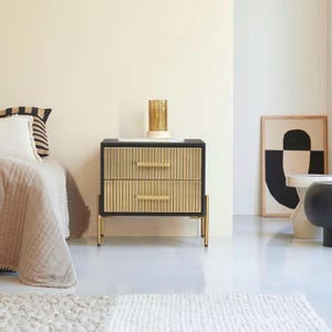 Sleek 2-Drawer Bedside Table in Black & Gold - Luxe Nightstand for Your Bedroom