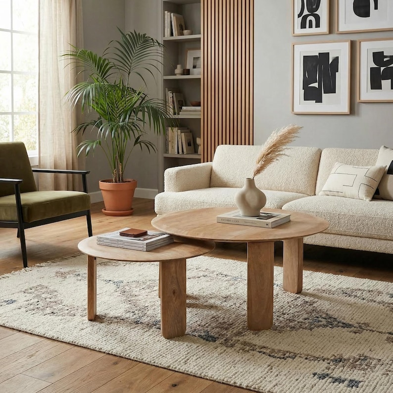 Modern Round Nesting Coffee Table Set – Solid Mango Wood, Minimalist ...