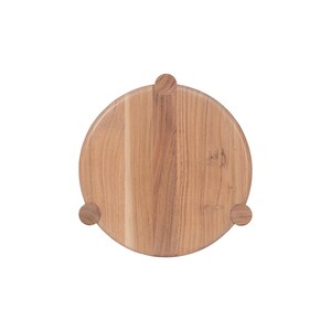 May include: A round wooden serving board with a natural wood grain finish. The board has three small, rounded feet. The board is approximately 12 inches in diameter, perfect for serving appetizers or small dishes.