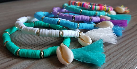 Bracelet chaîne acier inoxydable or perles heishi bleues