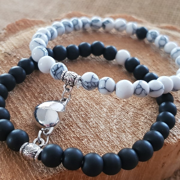 Bracelets de distance avec cœur magnétique en Howlite blanche et agate noire -  Bracelets de couple - Bracelets duo amour ou amitié