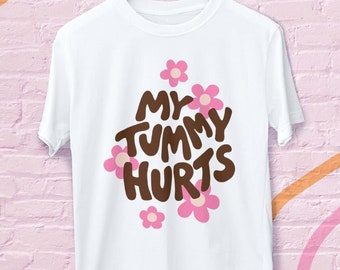 Mijn buik doet pijn esthetisch T-shirt | Groovy Grafisch T-| Trendy jaren '70 | Tumblr grafisch tee | Coeliakie, Glutenvrij, PDS, Lactose, BruinRoze