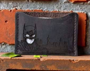 Cartera de identificación con máscara de Batnan, billetera de superhéroe de cuero, regalo único para él, cartera de identificación de murciélago, billetera de identificación de superhéroe, billetera de cuero de cómic