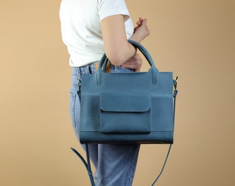 Leather Tote Bag for MacBook, full grain leather everyday bag for woman, blue leather purse, leather handbags, large laptop bag