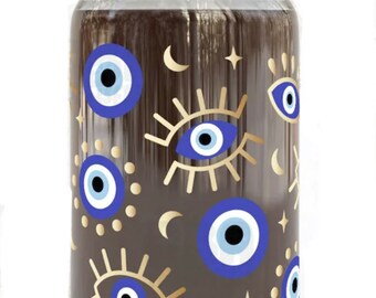 Evil eye/third eye, cute and trendy Libby beer can glass. 16oz with or with bamboo lid and glass straw. Iced coffee cup.