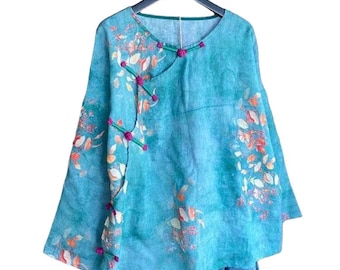 Traditionelle chinesische Art Bedruckte Top Bluse mit langen Ärmeln, Hanfu Stil, Tang Stil