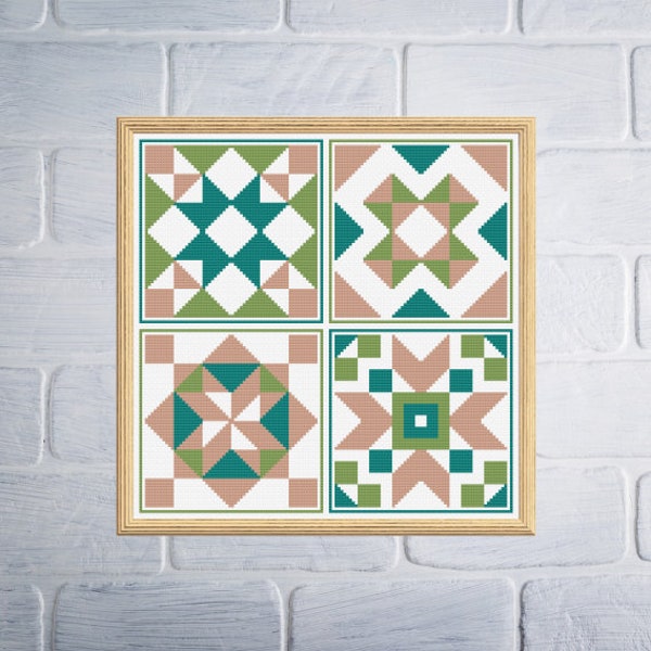 Cross Stitch Quilt Blocks, Counted Cross Stitch Geometric Pattern, Four Small Square Quilt Patterns, Beginner Cross Stitch, Coaster Designs