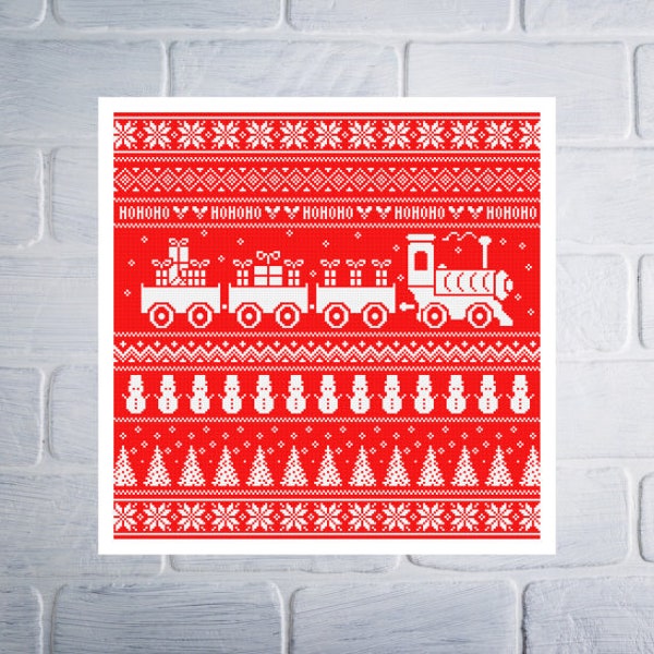 Christmas Cross Stitch Pattern,  Large Traditional Sampler of a Snowman and Train, Instant Download PDF