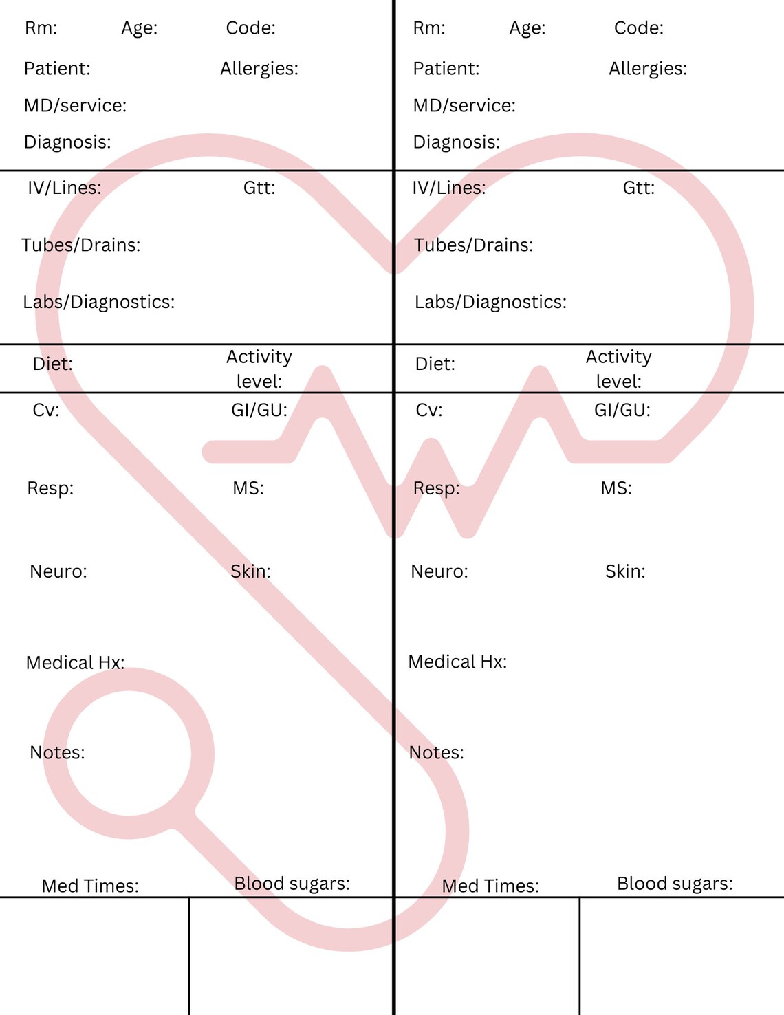 Printable Nursing Report Sheet Etsy