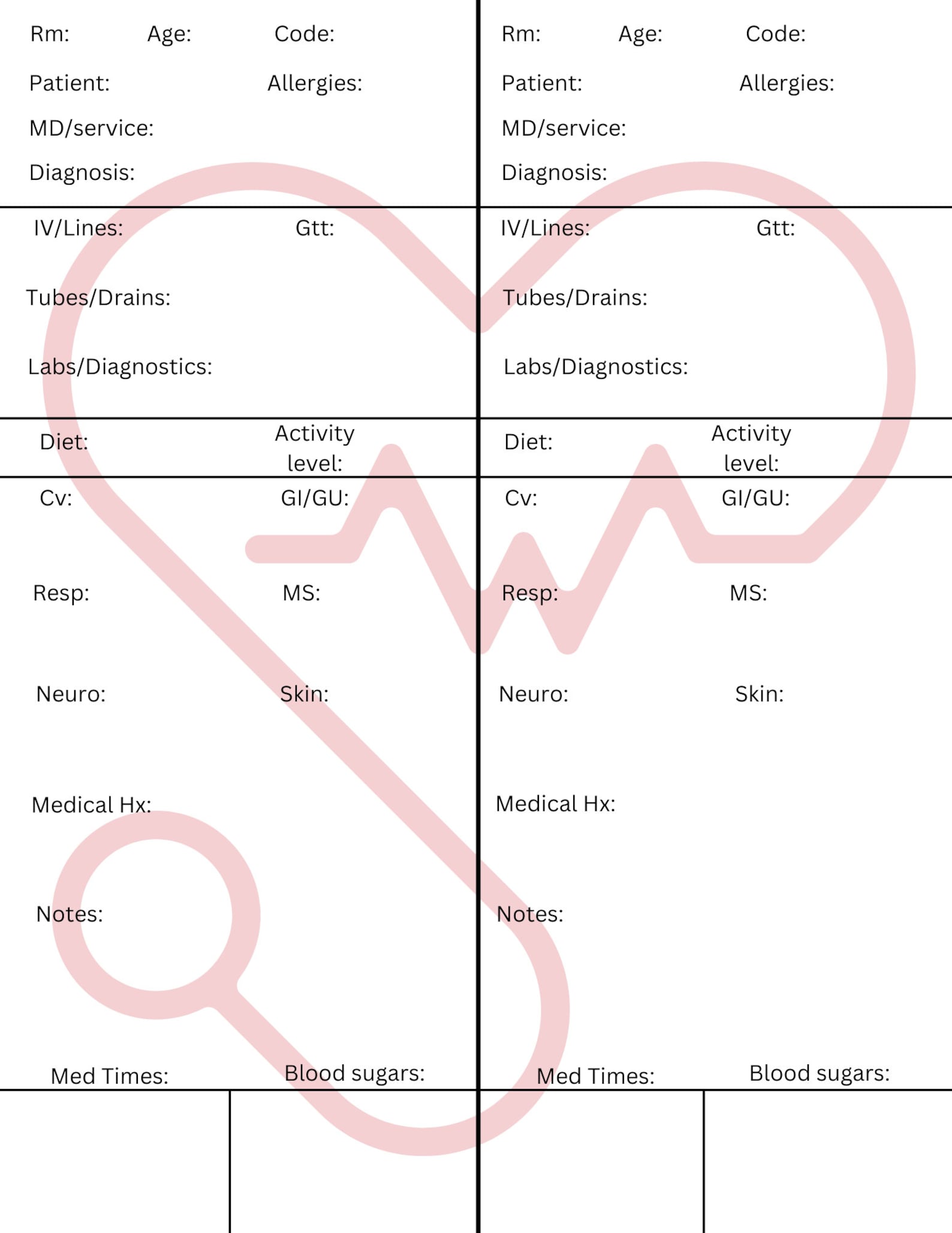 Printable Nursing Report Sheet Etsy