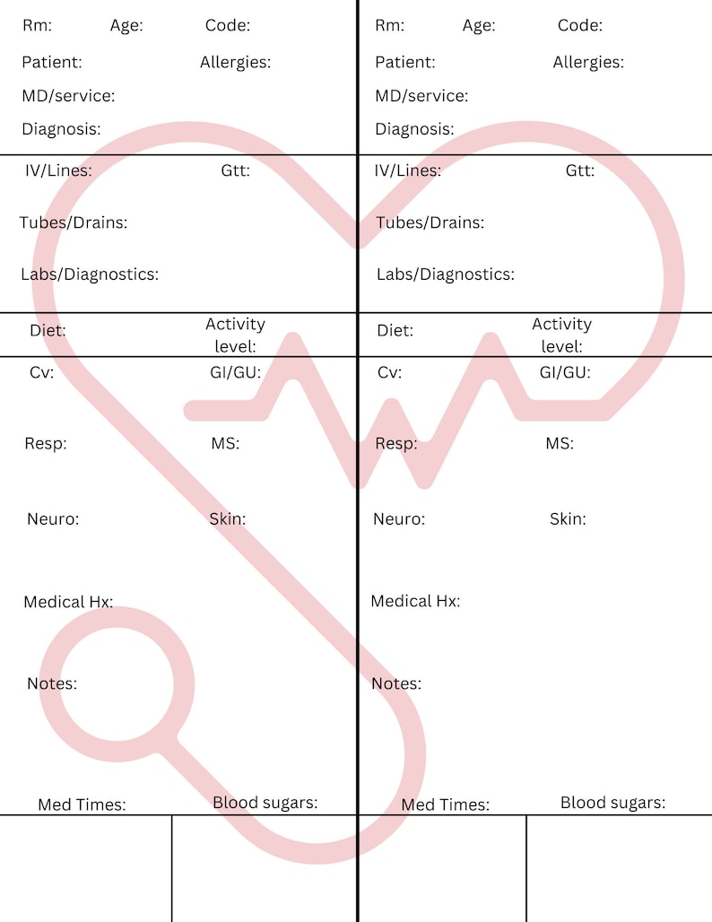 Printable Nursing Report Sheet Etsy