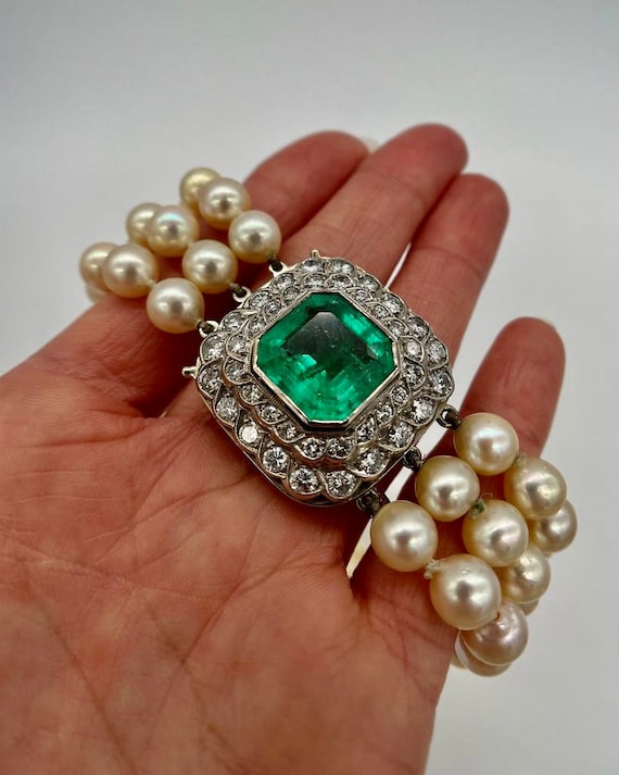 10 Carat Emerald & 3.60CTW Diamond Pearl Choker N… - image 6