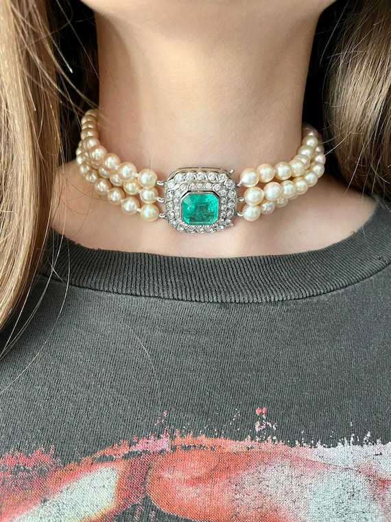 10 Carat Emerald & 3.60CTW Diamond Pearl Choker N… - image 10