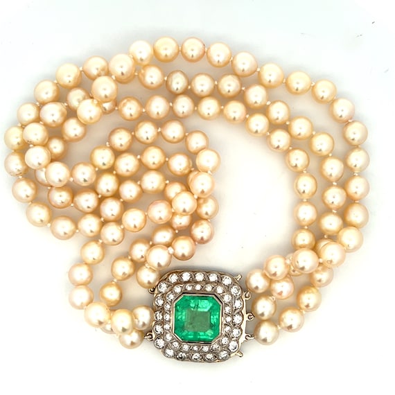 10 Carat Emerald & 3.60CTW Diamond Pearl Choker N… - image 3