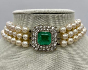 10 Carat Emerald & 3.60CTW Diamond Pearl Choker Necklace in 18K White Gold