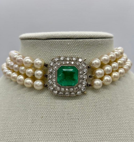 10 Carat Emerald & 3.60CTW Diamond Pearl Choker N… - image 1