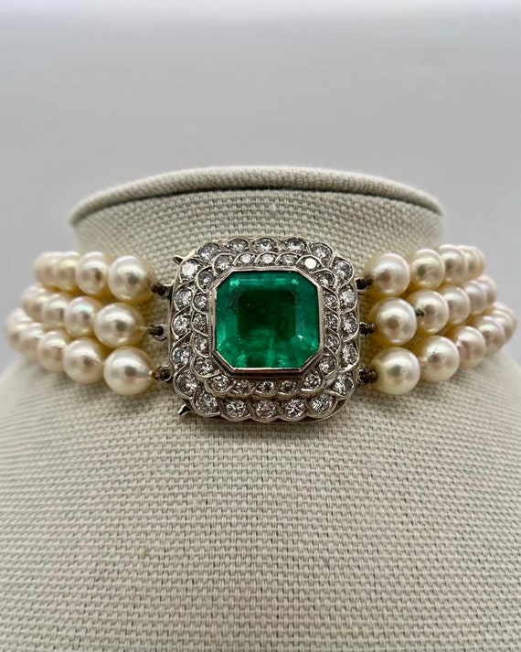 10 Carat Emerald & 3.60CTW Diamond Pearl Choker N… - image 8