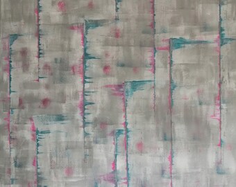 abstract acrylic painting turquoise and pink on grey and white
