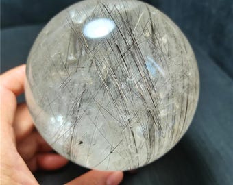 Black Hair Crystal Quartz Sphere: Healing Reiki Meditation Stone, 100mm