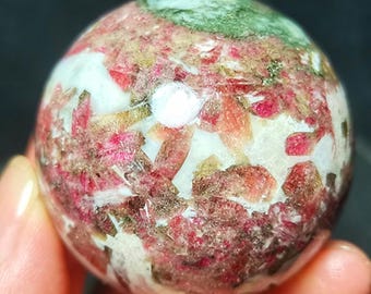 Polished Watermelon Tourmaline Crystal Sphere Brazil: Natural Banded Energy Healing Stone, 48mm
