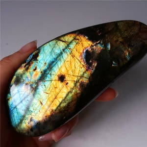 AAA Natural Amarillo Flash Arco Iris Labradorita Cristal Colgante Piedra de Palma, Piedra Preciosa Pulida / Labradorita Cristal Curación