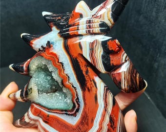 Polished Silk Banded Lace Agate Crystal Hand carved unicorn Geode: Healing Stone, Energy Gift
