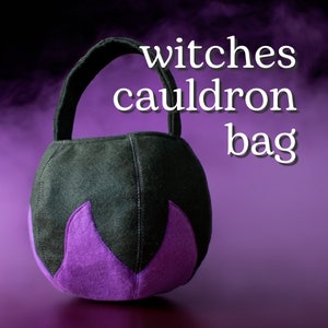 May include: A black and purple cauldron-shaped trick-or-treat bag with a handle. The bag is made of felt and has a cauldron shape with a purple rim.