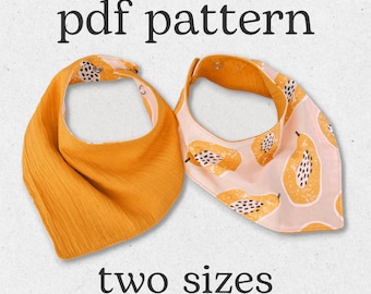 May include: Two baby bibs, one solid yellow and one with a pink background and a papaya print. The text "pdf pattern" and "two sizes" is printed below the bibs.