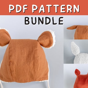 Może przedstawiać: Pakiet wzorów PDF do szycia trzech różnych stylów czapek dla niemowląt z uszami. Czapki są brązowe, białe i pomarańczowe. Czapki są wykonane z miękkiej tkaniny i mają uroczy, przytulny wygląd.