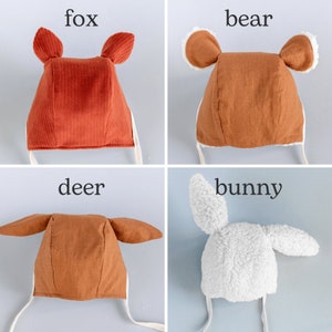 Bear Hat with Ears Sewing Pattern Pack, Set of 4 Styles, Baby Deer Animal Ear Bonnet, Toddler PDF Sewing Tutorial Bundle, Bunny Fox Toque