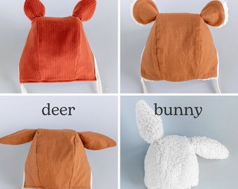 Bear Hat with Ears Sewing Pattern Pack, Set of 4 Styles, Baby Deer Animal Ear Bonnet, Toddler PDF Sewing Tutorial Bundle, Bunny Fox Toque
