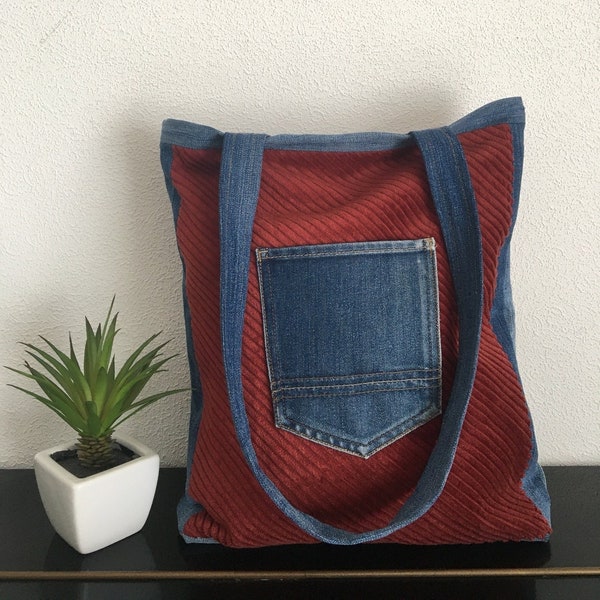 Tote Bag, velours, Sac fourre-tout jeans, sac cabas, recyclage tissus, multi-poches