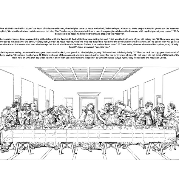 Easter Activity Christian, "The Last Supper" Printable to Colour  A4 Size  Matthew 26:17-30  Verse to Read, Color and Meditate on the Word.