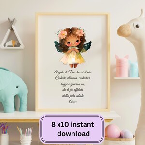 May include: Printable 8x10 inch digital download of a watercolor illustration of a cute angel with brown skin and brown hair. The angel is wearing a yellow dress and has a halo of flowers. The text in the image reads: "Angelo di Dio che sei il mio Custode, illumina, custodisci, reggi e governa me, che ti fui affidata dalla pietá celeste Amen".
