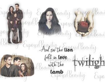 May include: A collage of images from the Twilight movie series. The images include Bella Swan, Edward Cullen, and Jacob Black. The text "And so the lion fell in love with the lamb" is also included in the collage.