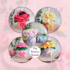 May include: A collection of five crocheted flower patterns: Poppy, Daffodil, Daisy, Rose, and Sunflower. Each flower is in a small pot with a bow. The text "Pdf Pattern Bundle" is in the center. The flowers are in a circular arrangement.