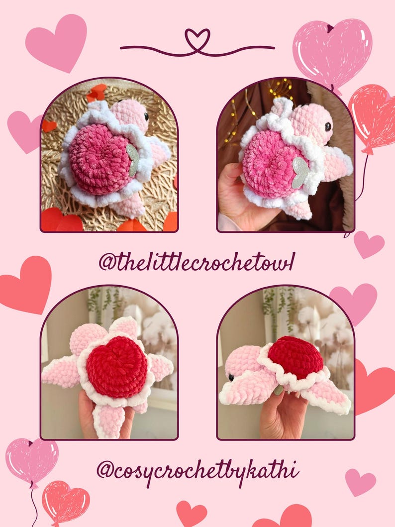 May include: Four crocheted turtle amigurumi toys. Two are pink with a pink heart shell and two are pink with a red heart shell. The turtles are holding a small white flower.