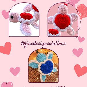 May include: Three crocheted turtle amigurumi toys. The first two are pink with red hearts and the third is blue with a blue heart. The turtles are on a pink background with hearts and the text "@finedesignsolutions" and "@melissacrochet974".